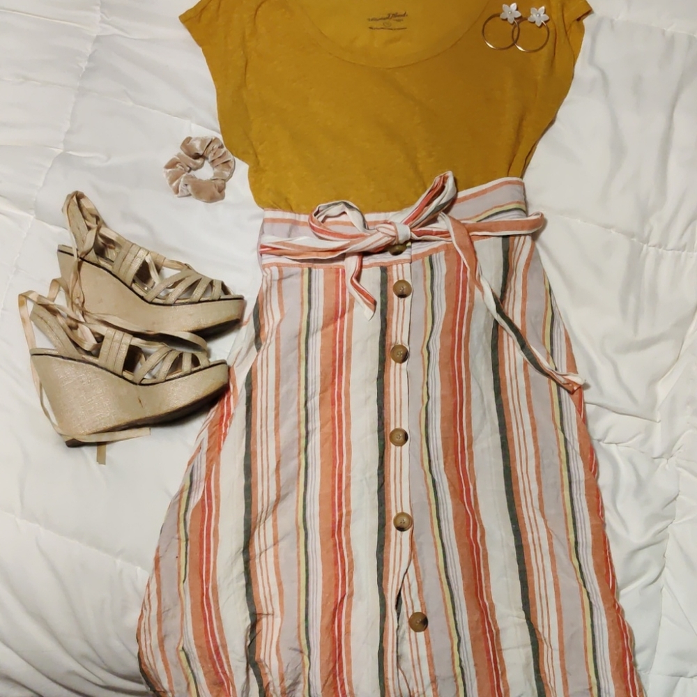 Linen Blend Striped A-Line Buttoned Midi Skirt